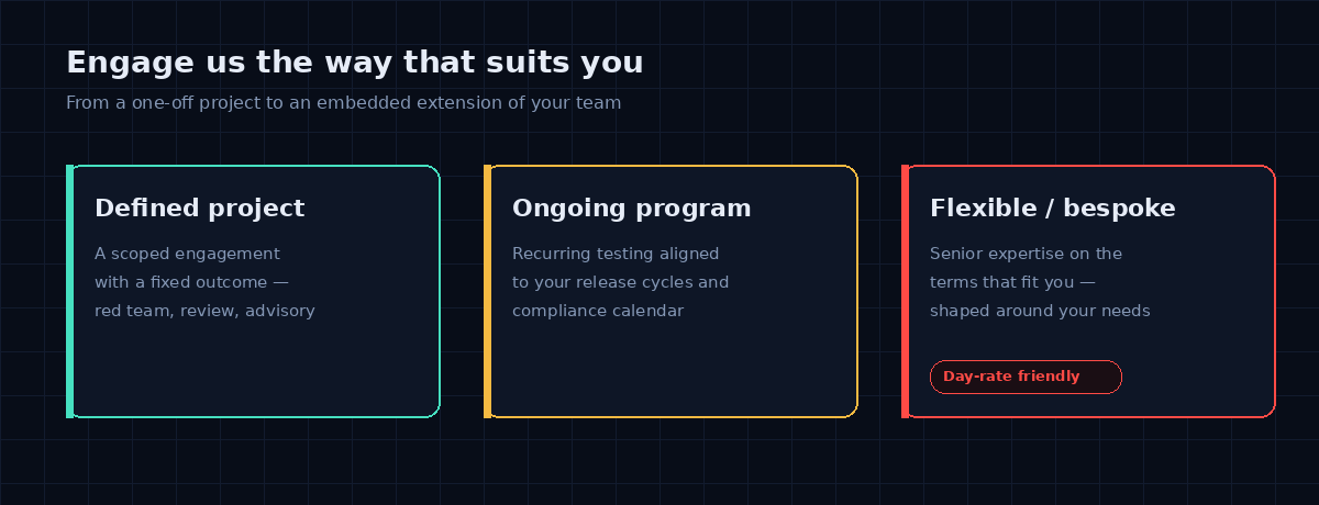 Three ways to engage Core Sentinel: a defined project, an ongoing program, or flexible bespoke arrangements