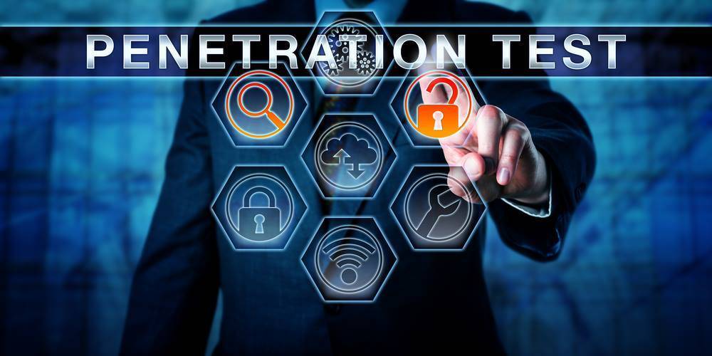 Person in a suit pressing a button on a penetration test screen with an orange padlock opened