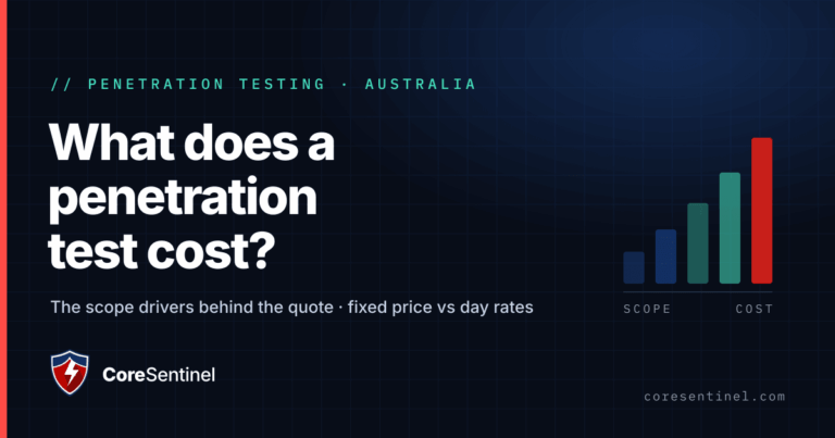 Core Sentinel title card: what does a penetration test cost, with a bar chart showing cost rising as scope grows